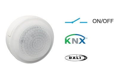 Infographie détecteurs hall 22 x 12 mètres de Hager. Pour grandes hauteurs, détection mouvement, pose encastrée, technologies : on/off, KNX ou DALI-2