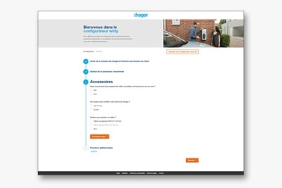 Configurateur witty de Hager, le choix des accessoires complémentaires comme un support de câble ou le pied de borne.