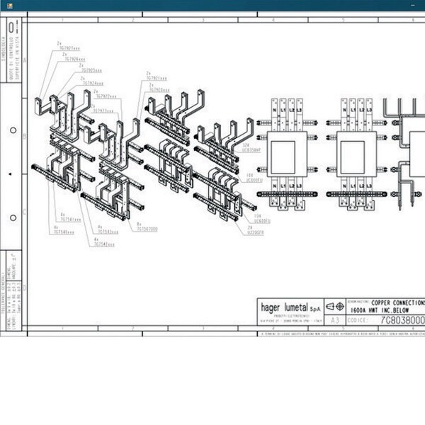 Vue sur le logiciel hagercad.T de plans industriels pour la liaison entre les appareils et les jeux de barres quadro evo Hager