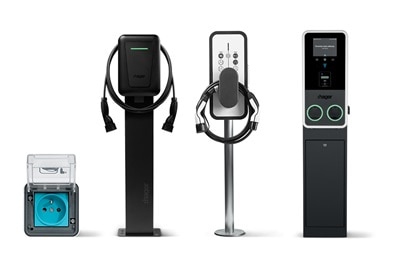 vue d'ensemble de la gamme witty de Hager, la prise de recharge renforcée, les bornes de recharge witty one, witty share et witty park 2