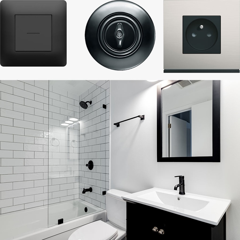 Moodboard d'une salle de bain à la décoration noir et blanc et des interrupteur essensya anthracite et 1930 en porcelaine noir et prise gallery finition steel (acier)