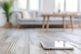 smartphone posé sur le parquet d'une habitation connectée