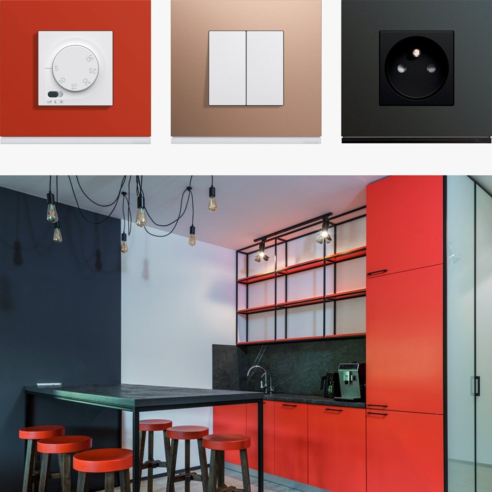 Appareillage mural gallery de Hager, finitions matières peintes, églantine, doré et anthracite pour une ambiance tendance et chaude