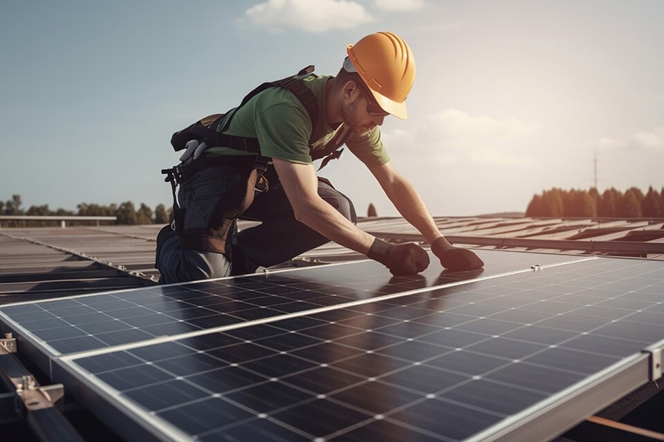 Professionnel installant des panneaux photovoltaïques sur le toit d'une habitation pour produire de l'énergie solaire pour alimenter une borne de recharge witty solar de Hager