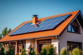 Panneaux photovoltaïques sur le toit d'une habitation pour produire de l'énergie solaire pour alimenter une borne de recharge witty solar de Hager