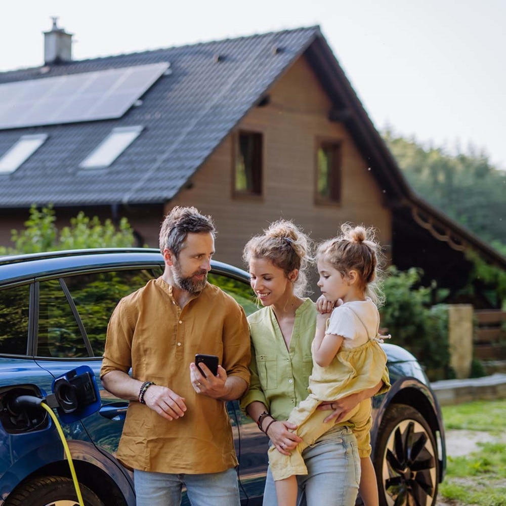 Hager Group Family is standing next to a charging electrical car