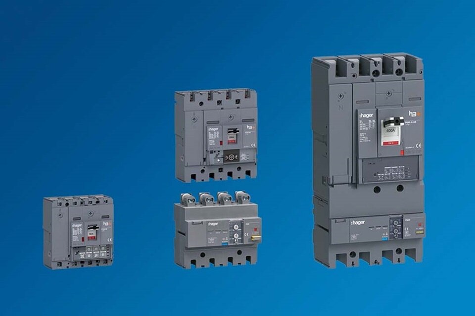 Hager brand circuit breakers and electrical protection devices against blue background