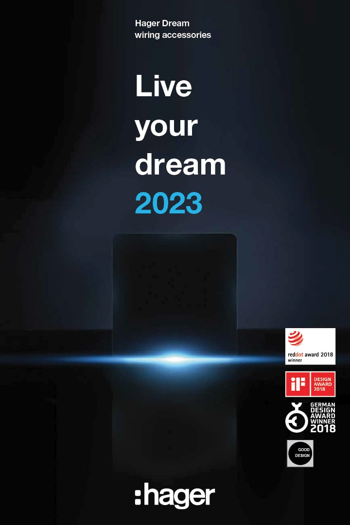 Hager advertisement poster featuring Dream range wiring accessory with blue ambient lighting and award badges