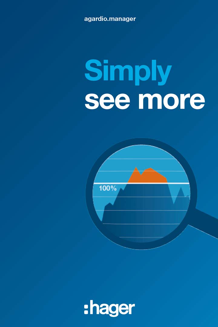 Promotional graphic for Hager's agar.io.manager with the tagline 'Simply see more' and magnifying glass on data chart