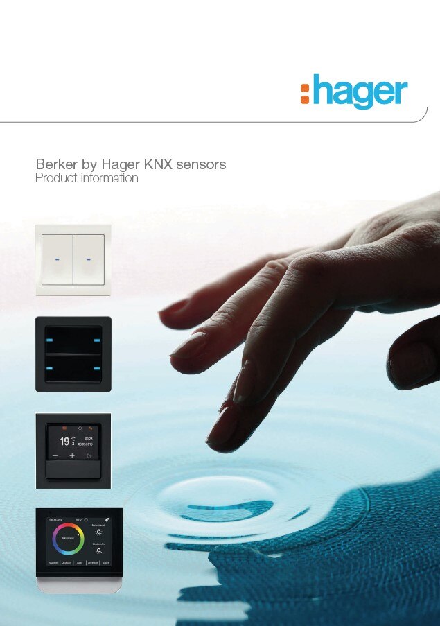 Hager branded Berker KNX sensors advertisement with a person's hand reaching towards a surface, depicting touch-sensitive technology
