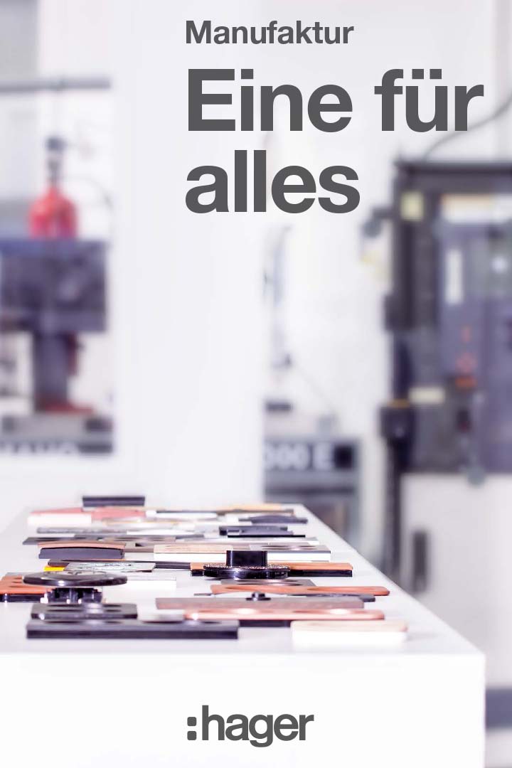 Hager brand promotional material featuring a range of electrical components in focus with manufacturing equipment in the background