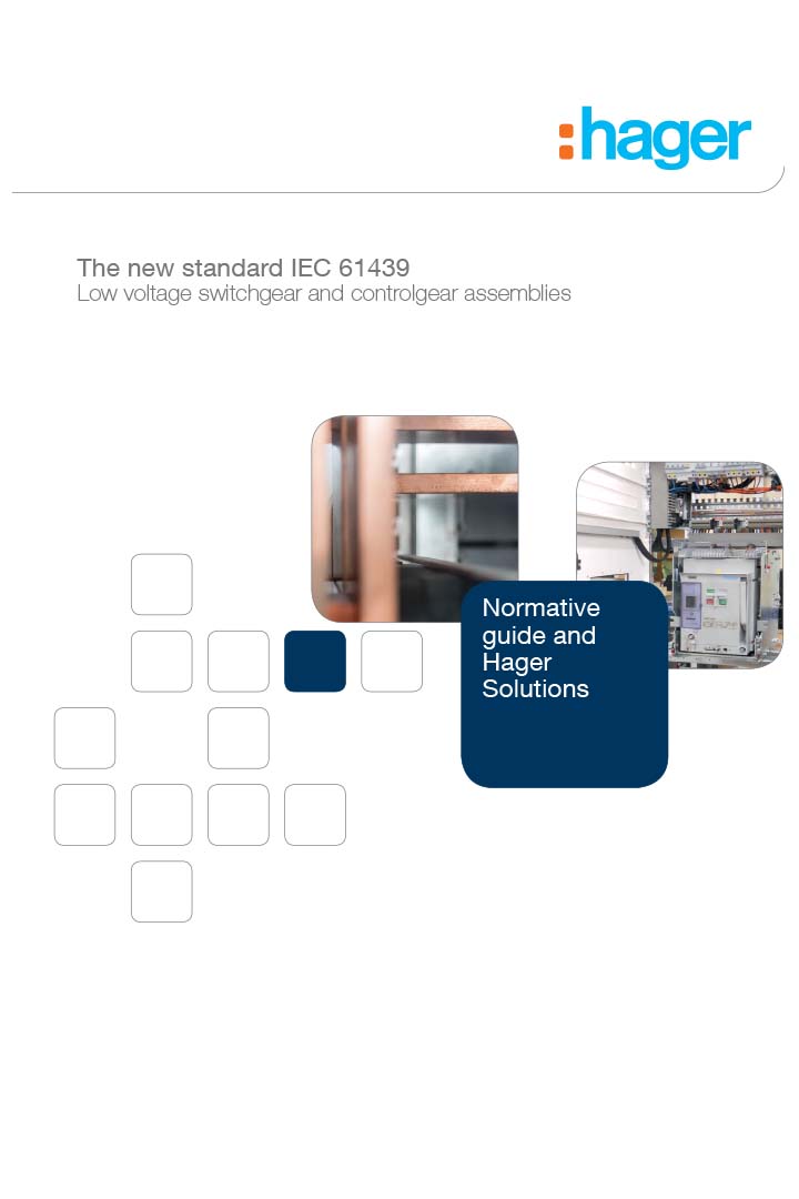 Hager promotional material for IEC 61439 standard showcasing low voltage switchgear and controlgear assemblies