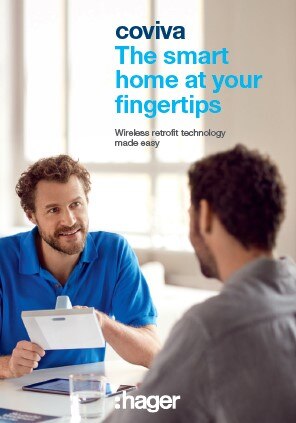 Two people discussing the coviva smart home system by Hager with a tagline 'The smart home at your fingertips'