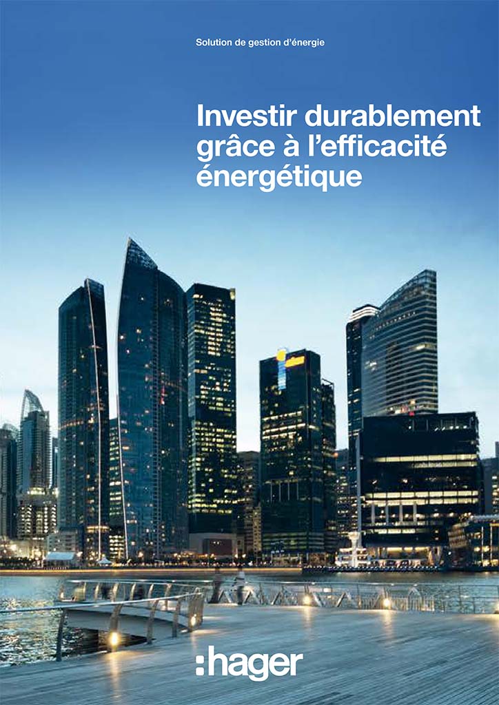 Publicité de Hager avec vue sur la ligne d'horizon au crépuscule soulignant les solutions de gestion de l'énergie