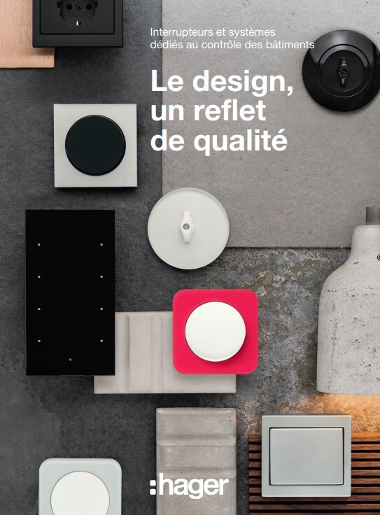 Assortiment d'interrupteurs de design et de commandes système de Hager pour l'automatisation des bâtiments sur fond texturé