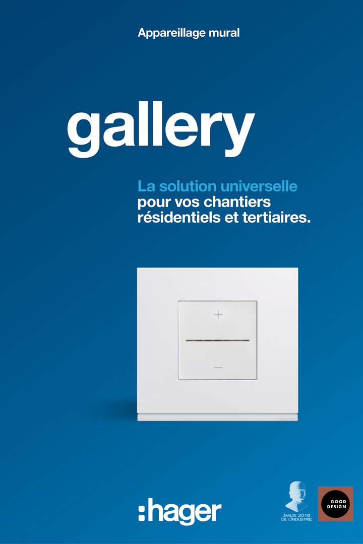 Publicité pour les interrupteurs muraux de la galerie Hager avec solution universelle pour les chantiers résidentiels et tertiaires sur fond bleu