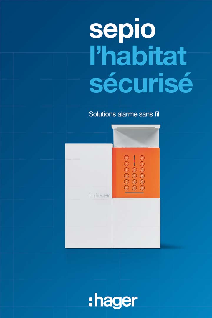 Publicité pour les solutions d'alarme sans fil sepio de Hager avec clavier sur fond bleu