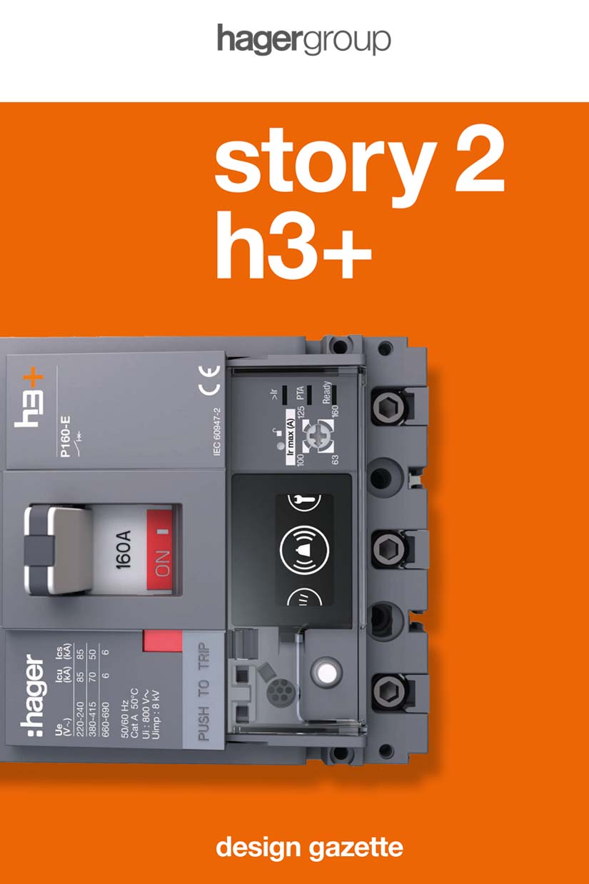 Disjoncteur h3+ du groupe Hager présenté dans une gazette de design sur fond orange