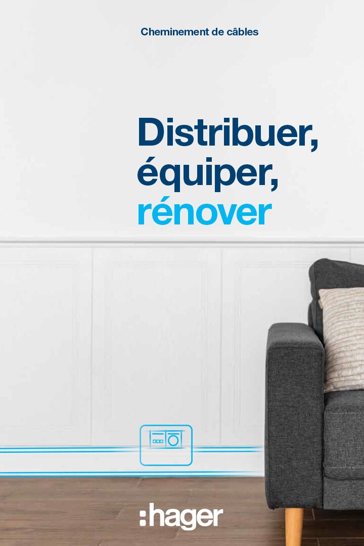 Image promotionnelle de Hager mettant en vedette des solutions de cheminement de câbles avec dispositif électrique mural, intérieur moderne