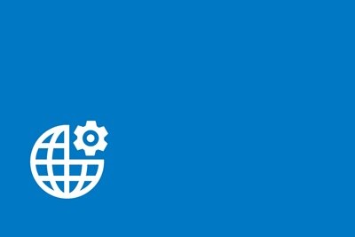 Pittogramma del simbolo del mondo con un ingranaggio che simboleggia le soluzioni disponibili su sfondo azzurro