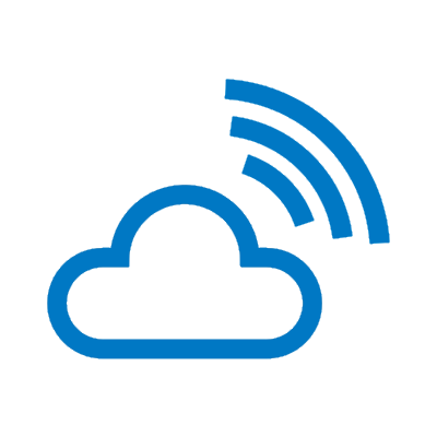 pittogramma di colore azzurro su sfondo neutro di una nuvola con onde di trasmissione per rappresentare il cloud
