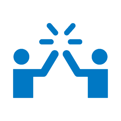 pittogramma di colore azzurro su sfondo neutro di due persone stilizzate che si battono il cinque in segno di collaborazione