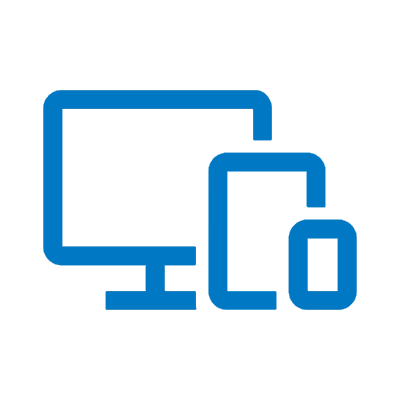 pittogramma di colore azzurro su sfondo neutro che rappresenta il concetto di multidevice con uno smartphone, un tablet e un monitor