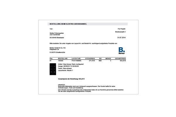 Immagine videata del configuratore Berker TS Sensor riepilogo del progetto salvato