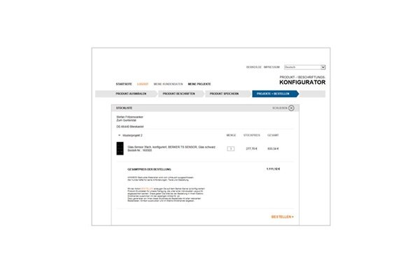 Immagine videata del configuratore Berker TS Sensor con distinta riassuntiva del progetto salvato pronta per l’ordine