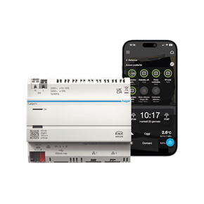 Vista frontale del server domovea TJAS471 con smartphone che mostra la app accessoria per realizzare una smart home