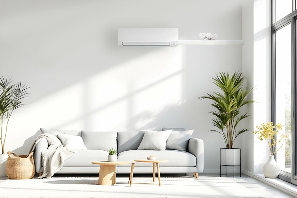 Zona living vista frontale con divano, condizionatore e canaline CND in alto e un camaleonte sullo split mostra quanto sia semplice mimetizzarsi nell'ambiente. Immagine del camaleonte generata con IA.