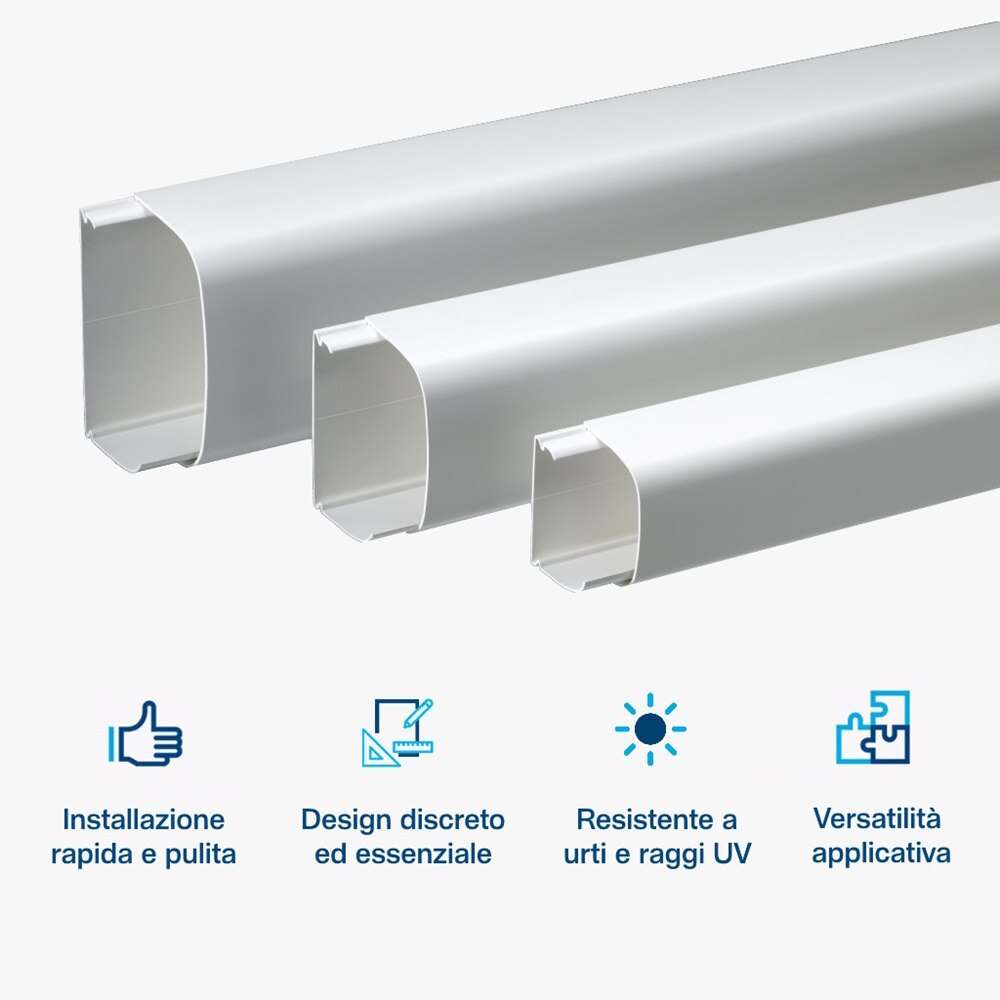 Infografica con tre canaline per condizionamento serie CND in diverse dimensioni, su sfondo grigio neutro. Sotto i canali sono elencati i principali vantaggi: installazione rapida e pulita, design discreto ed essenziale, resistenza a urti e raggi UV, versatilità applicativa. Ideale per impianti di climatizzazione civili e industriali.