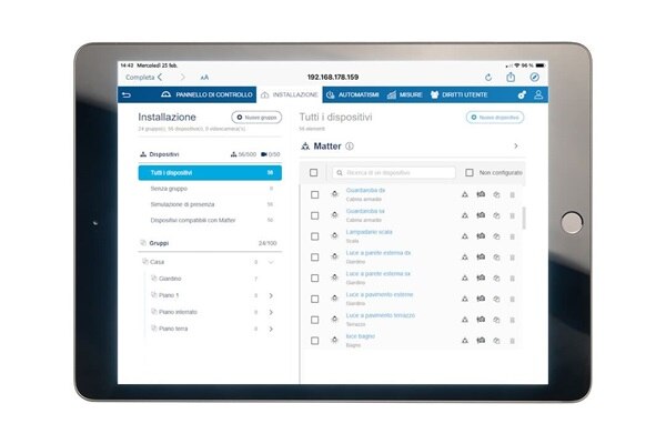 schermata Hager Pilot per la selezione dei dispositivi knx da associare a matter