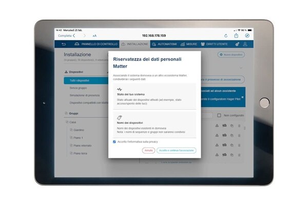 schermata di Hager Pilot che indica l’informativa alla privacy