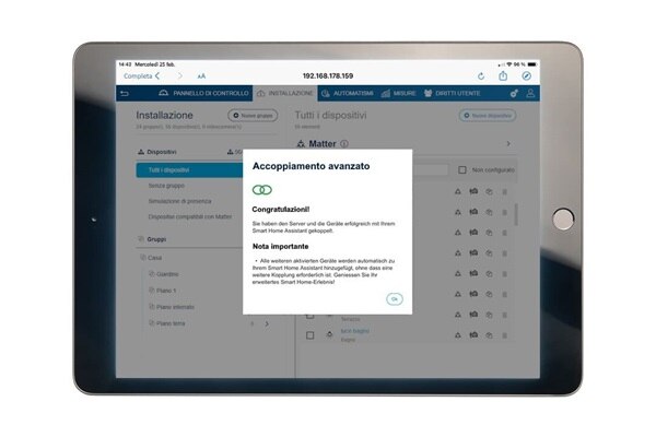 Schermata Hager Pilot che rappresenta l’avvenuta riuscita dell’associazione dei dispositivi al matter