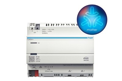 server domovea Hager TJAS671 su sfondo neutro con in alto a destra logo tecnologia matter