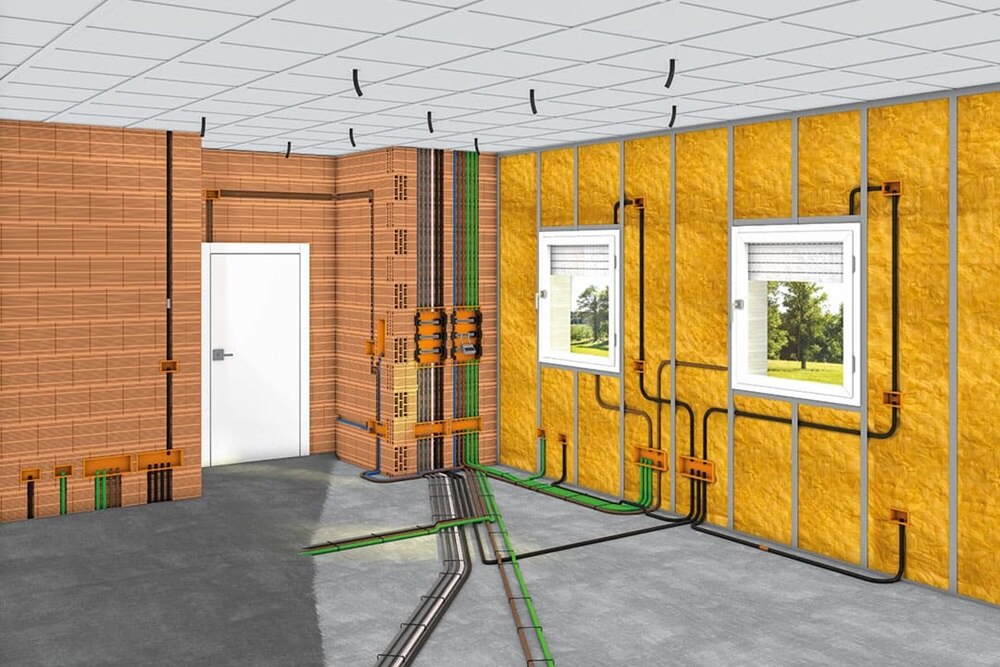 Render 3D di un applicazione di tubi corrugati pmflex e inset in una casa in costruzione