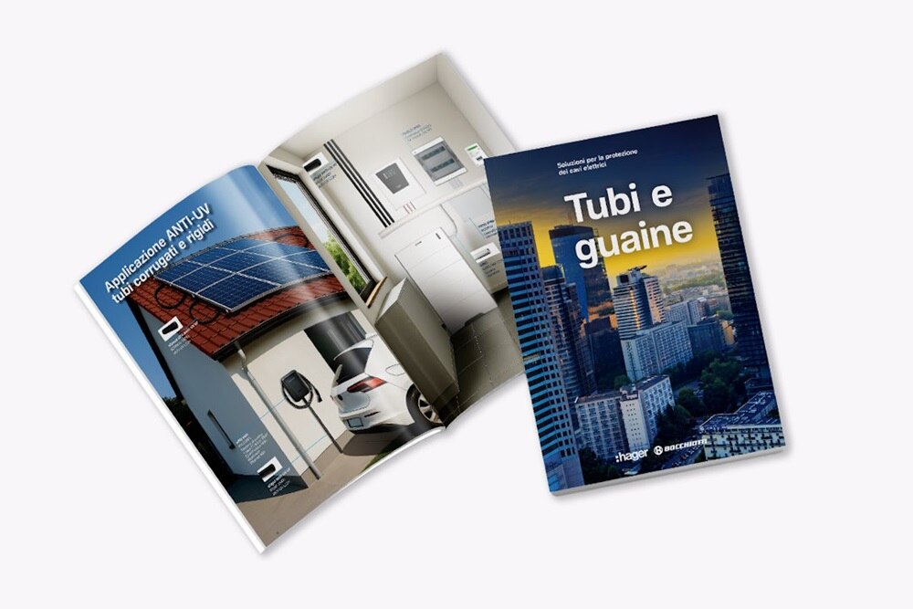 Immagine della copertina e pagina interna del catalogo tubi e guaine Hager Bocchiotti con le gamme Pmflex e INSET su sfondo neutro grigio