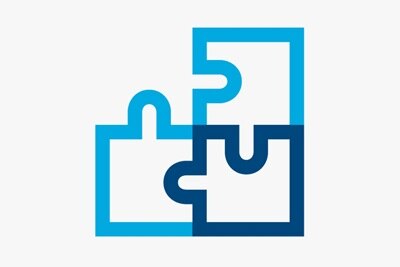 Pittogramma di tre pezzi di un puzzle intersecati nei colori blu e azzurro