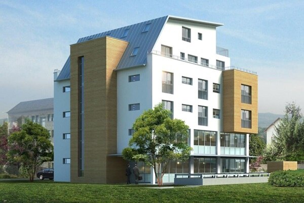 Render 3D di un condominio immerso nel verde