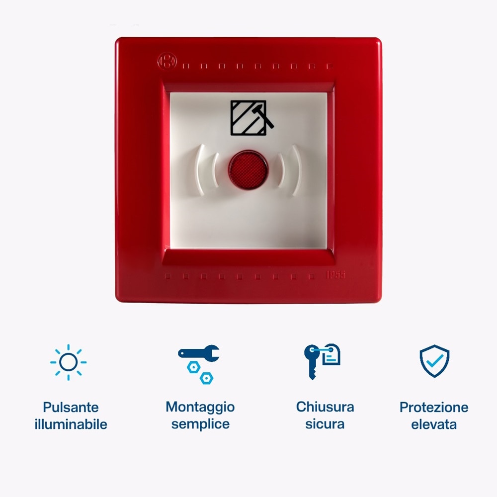 Infografica con centralino di emergenza Pablo Emergenza con pulsante illuminabile , su sfondo grigio neutro. Sotto sono elencati i principali vantaggi: pulsante illuminabile, montaggio semplice, chiusura sicura e protezione elevata.