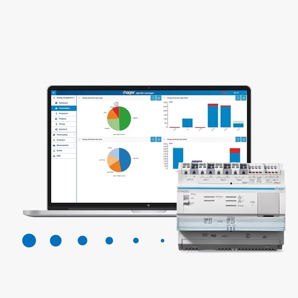 Notebook con videata di monitoraggio gestione energetica tramite agardio.manager su sfondo grigio