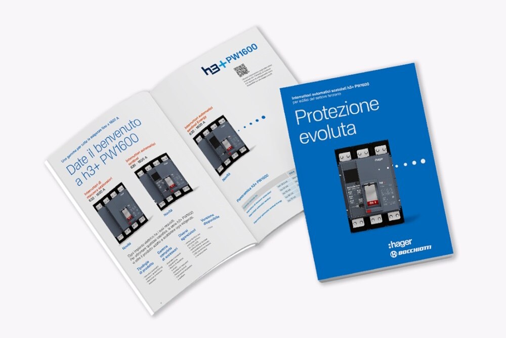 Copertina in primo piano su opuscolo di presentazione interruttore ibrido h3+ PW1600 aperto