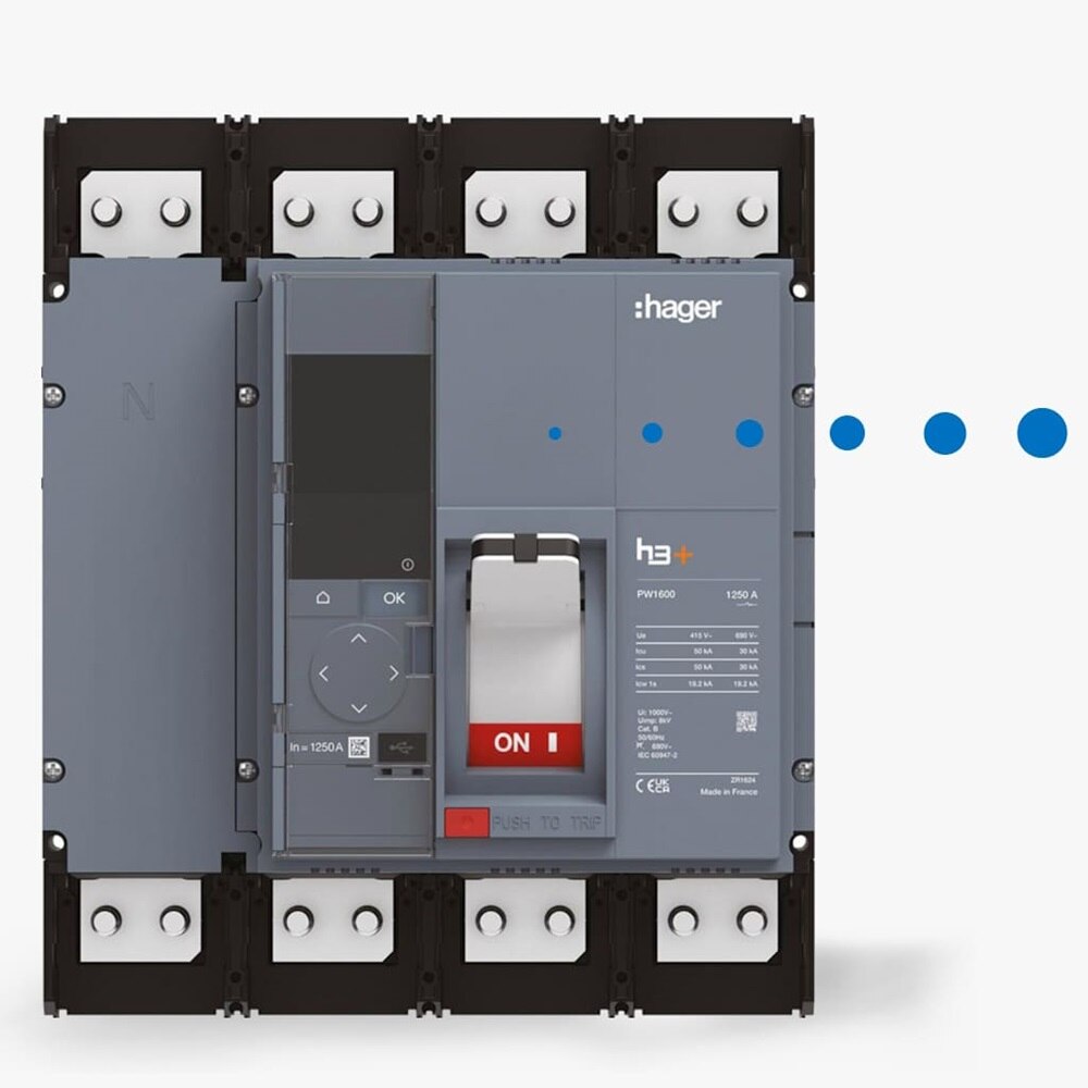 Inter­rut­tore automatico sentinel Energy h3+ PW1600 HMQ991NR Hager su sfondo grigio