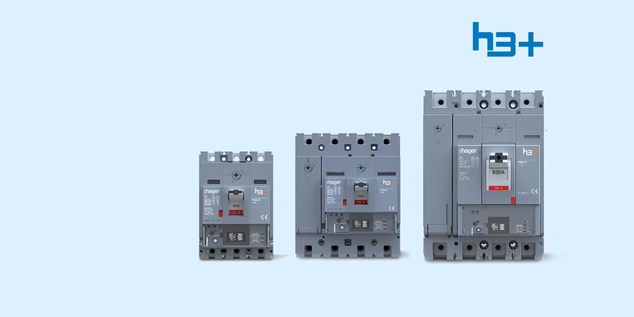 interruttori scatolati h3+ Hager nelle versioni magnetotermica, elettronica e energy su sfondo azzurro