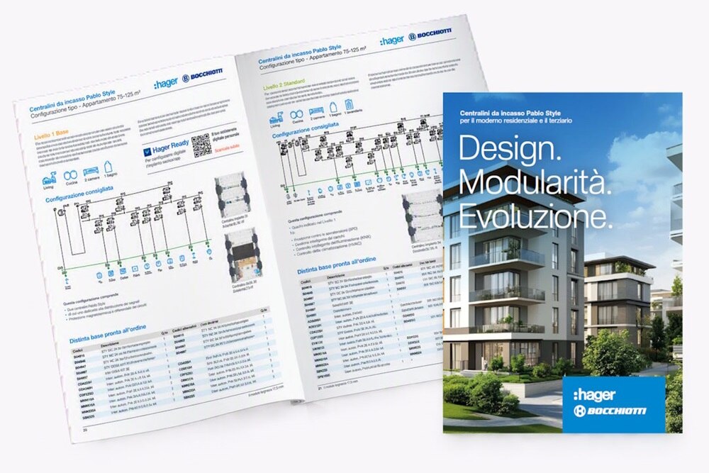 immagine copertina e interno della brochure pablo style su sfondo neutro grigio