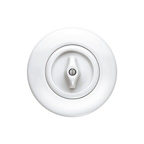 Vista frontale dell'interruttore della luce Berker Serie 1930 con interruttore rotativo e piastra di copertura rotonda in in porcellana Rosenthal bianca su sfondo bianco