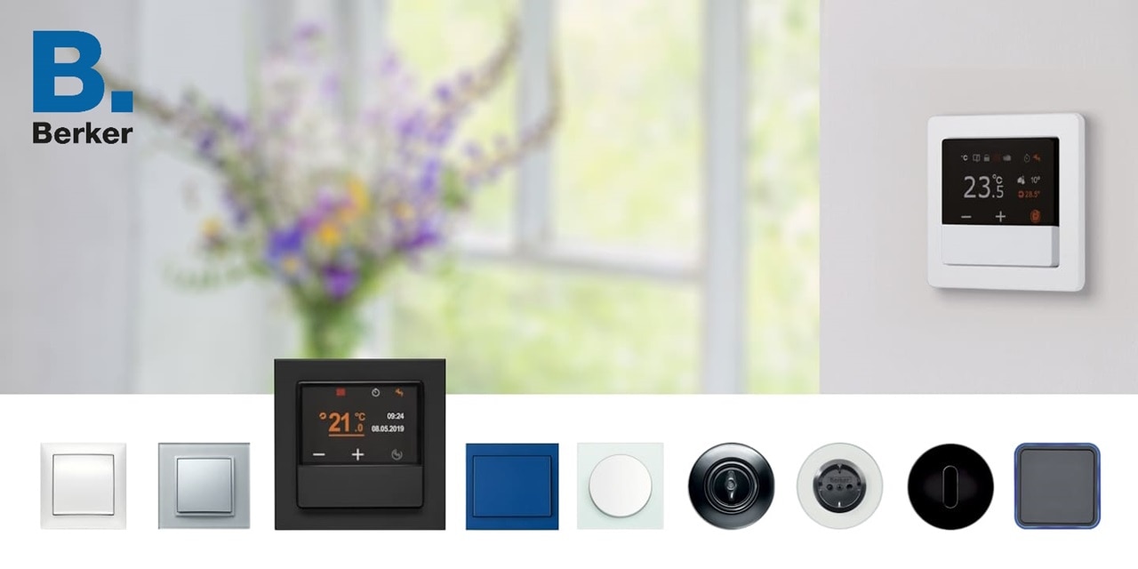 Esempio di installazione del termostato ambiente Berker Q.1 con display bianco a parete. Nella parte inferiore sono mostrati diversi modelli e finiture di interruttori e placche Berker.