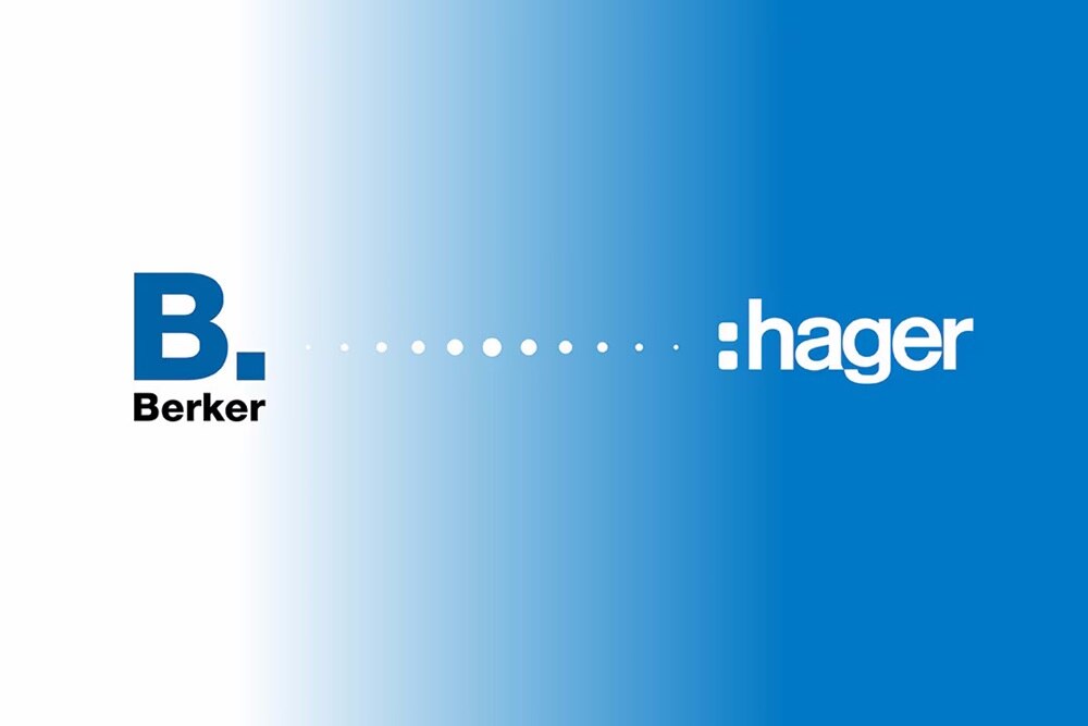 Transizione del marchio Berker in Hager su gradiente azzurro