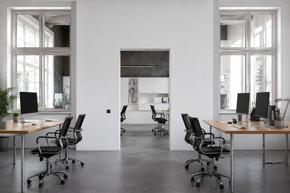 Ambiente ufficio con colori neutri e sulla parete installata un interruttore Hager A1 con cornice nera
